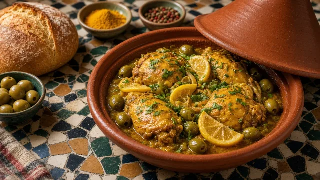 A clay tagine with braised chicken, preserved lemon wedges, green olives and fresh coriander