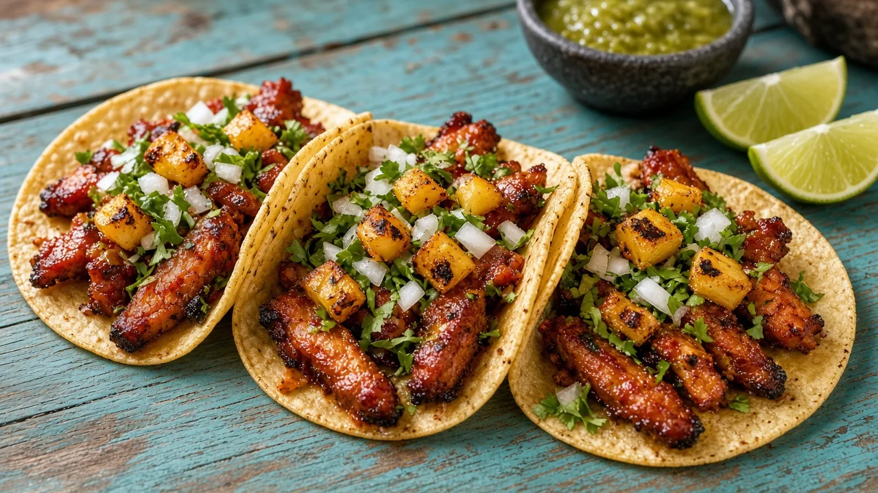 Three corn tortilla tacos al pastor topped with red-marinated pork, pineapple, onion and coriander with lime wedges