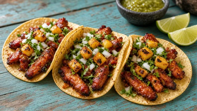 Three corn tortilla tacos al pastor topped with red-marinated pork, pineapple, onion and coriander with lime wedges