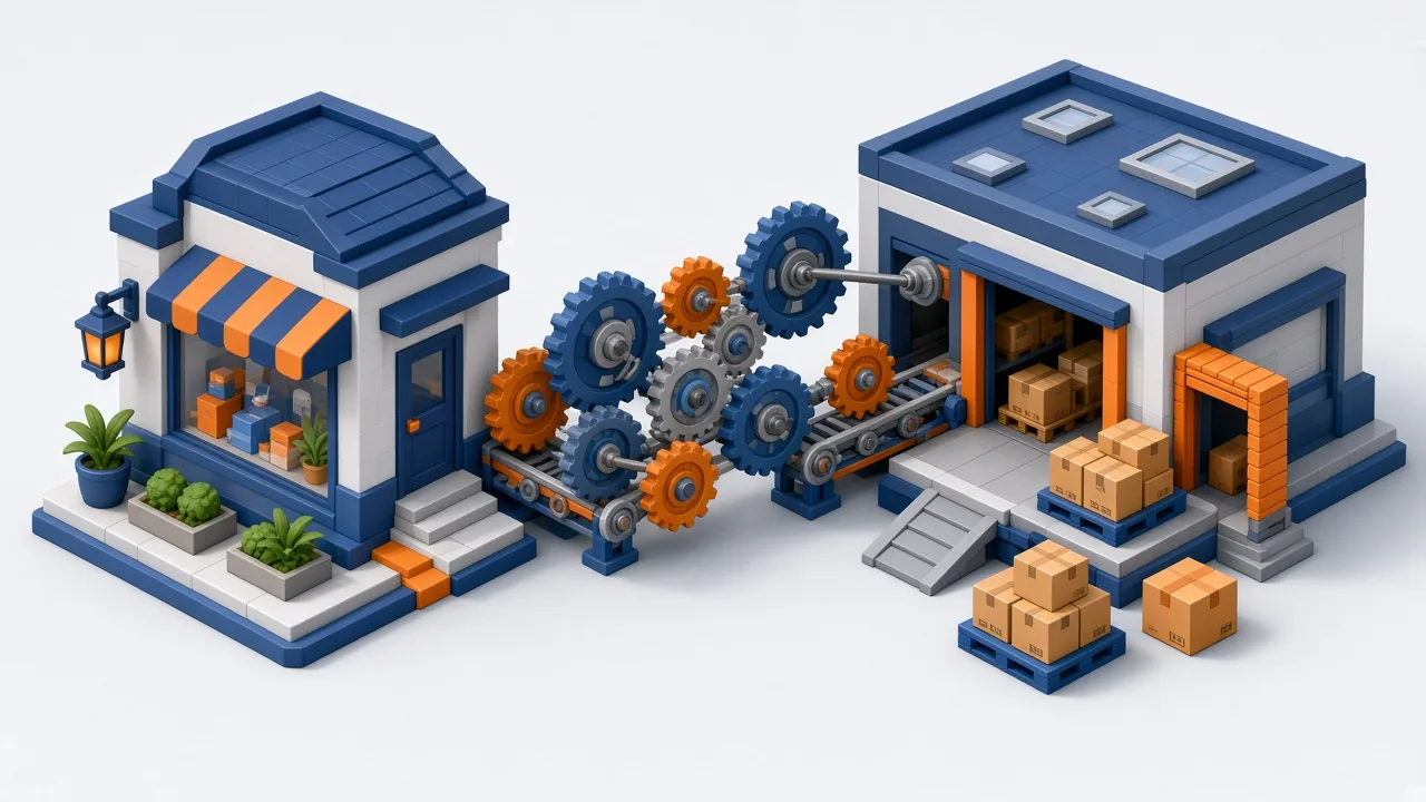 Editorial illustration of interlocking gears connecting a small shop to a warehouse