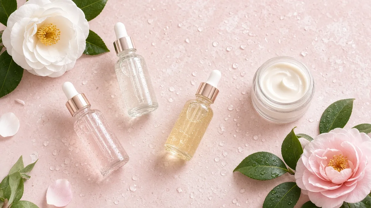 Glass serum bottles and a cream jar with camellia flowers on a pale pink stone surface