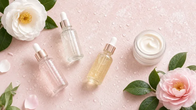 Glass serum bottles and a cream jar with camellia flowers on a pale pink stone surface