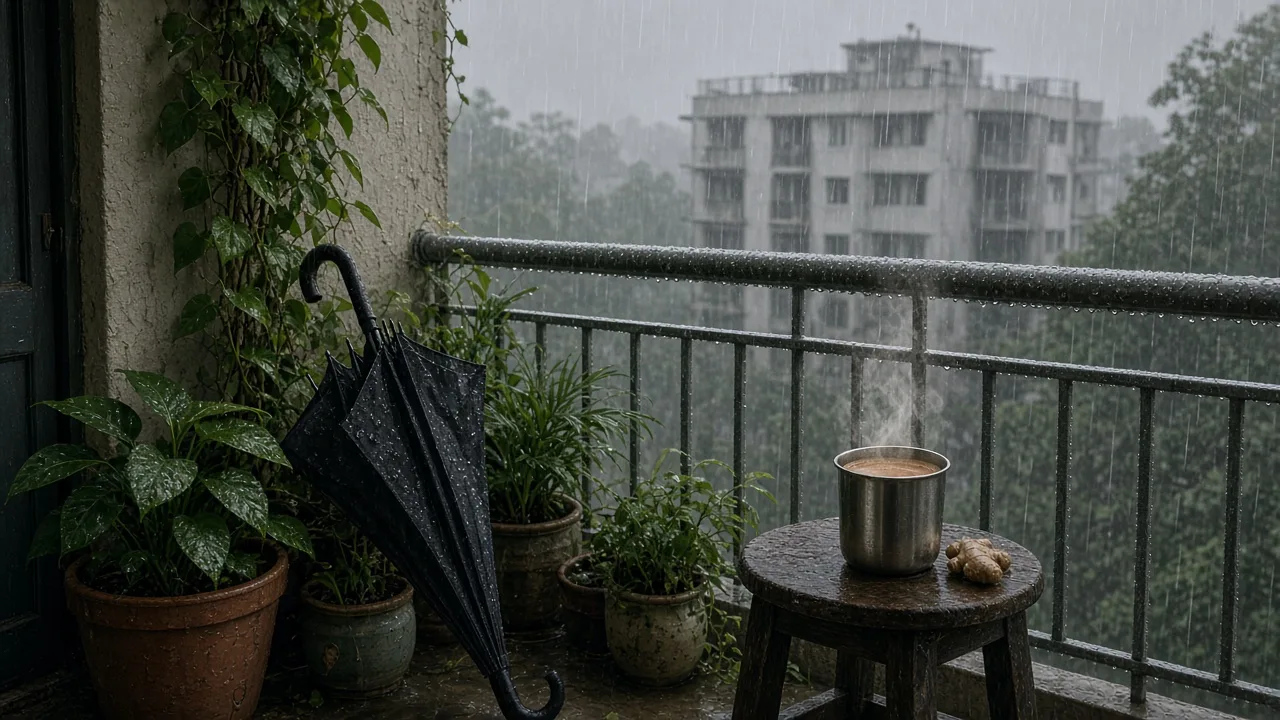 Editorial illustration of rain falling on a balcony with potted plants, an umbrella and a steaming cup of ginger tea