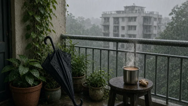 Editorial illustration of rain falling on a balcony with potted plants, an umbrella and a steaming cup of ginger tea