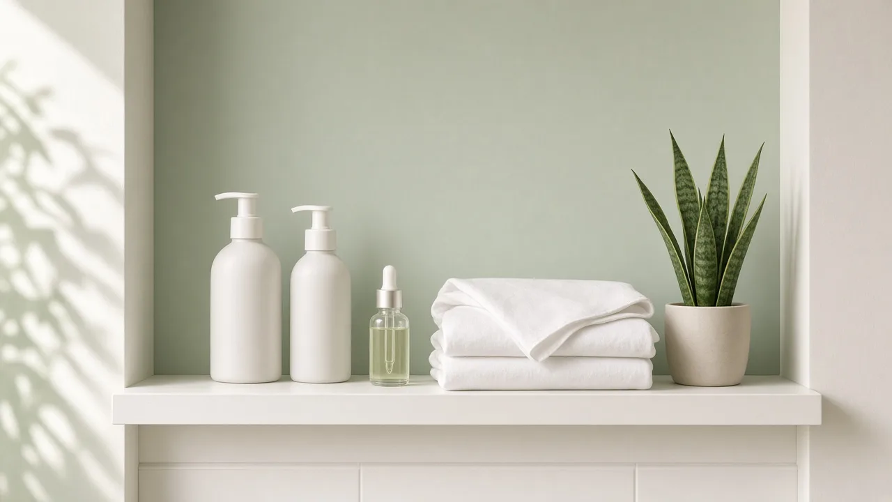 Editorial illustration of a minimal skincare shelf with a gentle cleanser, a gel moisturiser, a clean pillowcase and a green plant