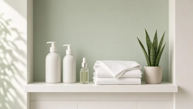 Editorial illustration of a minimal skincare shelf with a gentle cleanser, a gel moisturiser, a clean pillowcase and a green plant