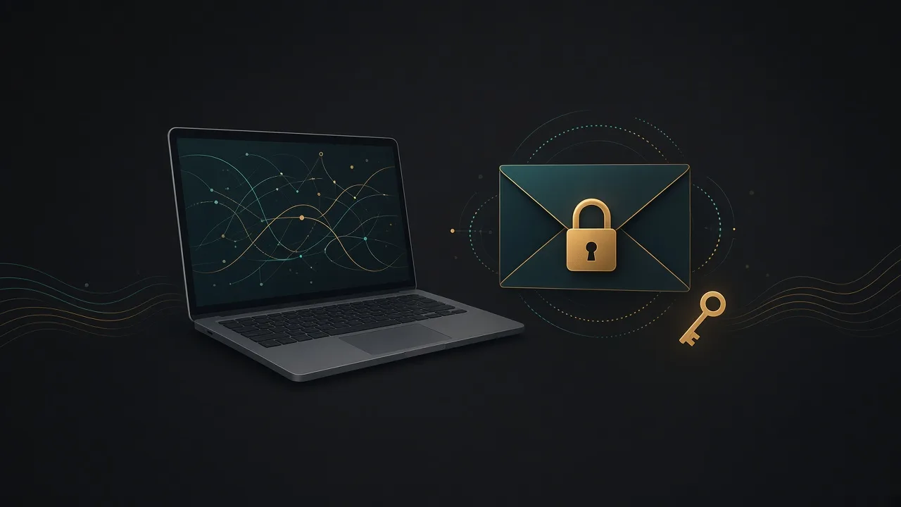 Editorial illustration of a padlocked digital envelope beside a configuration file on a laptop screen