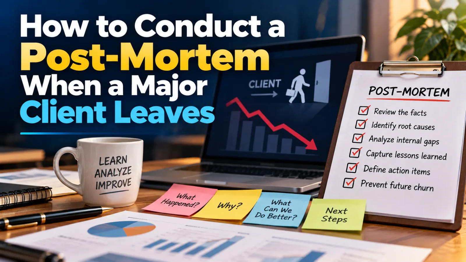 Banner for client loss post-mortem review showing churn root-cause analysis, feedback discovery, and retention playbooks