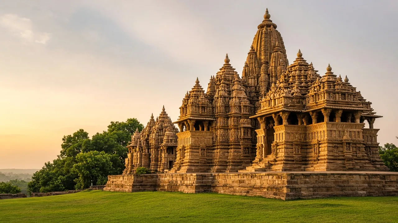Sandstone spires of the Kandariya Mahadeva Temple at Khajuraho glowing in early morning light