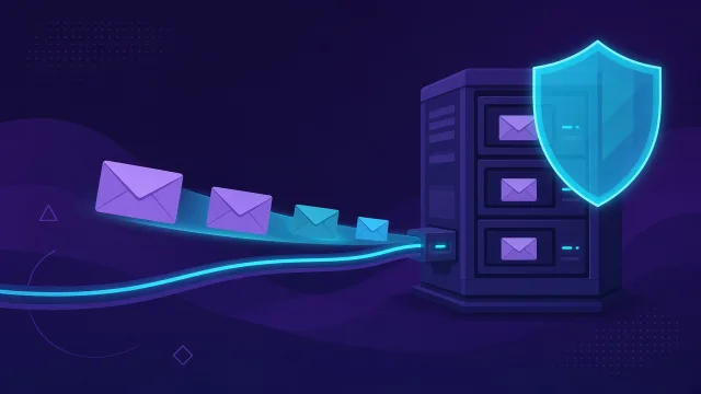 Editorial illustration of envelopes travelling along a glowing wire into a shielded server inbox