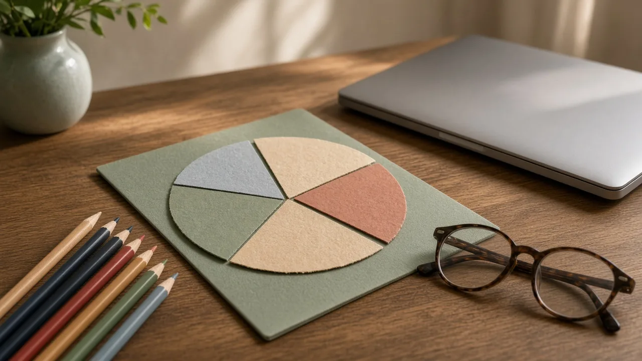 A pie chart sketched on paper with one oversized slice, next to a laptop and reading glasses