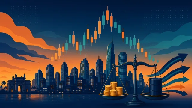 Illustration of an Indian city skyline under a volatile candlestick chart, with a scale balancing coins against an oil barrel
