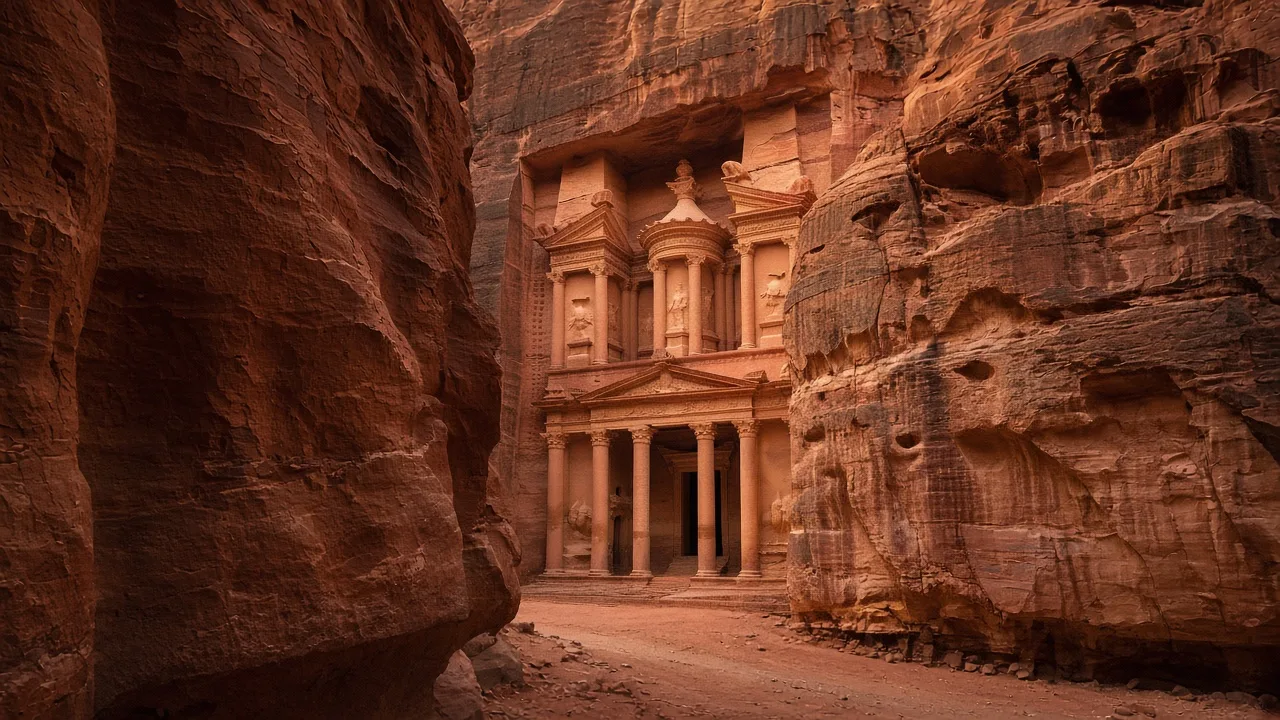 The rose-red Treasury facade at Petra seen through the narrow sandstone walls of the Siq