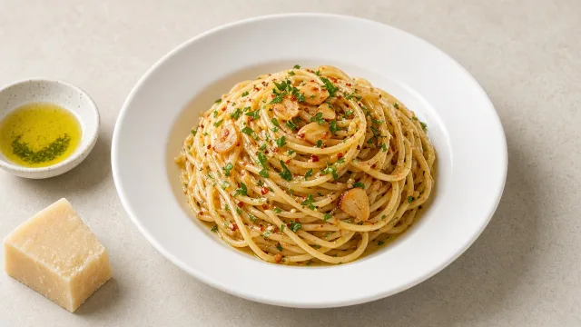 Food photo of a twirl of spaghetti aglio e olio with golden garlic slices, chilli flakes and parsley in a white bowl