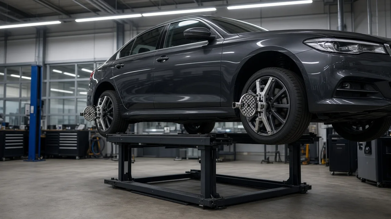 Editorial illustration of a car on a wheel alignment machine in a modern workshop