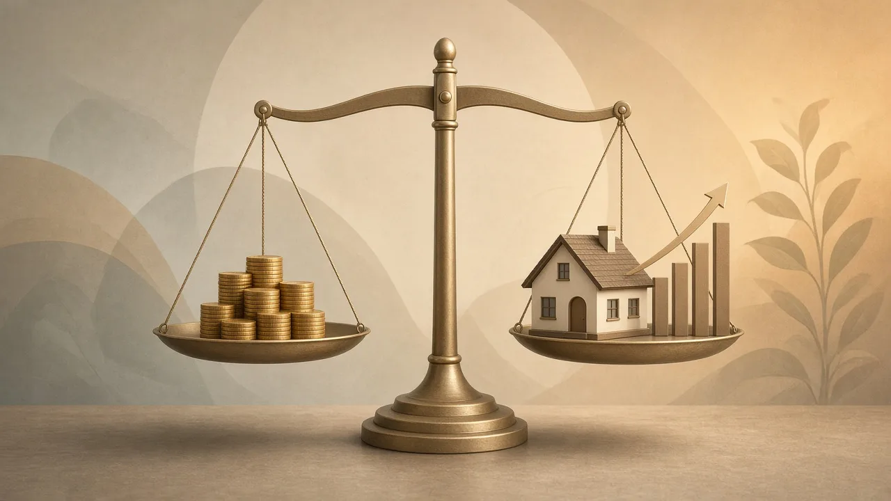 Balance scale weighing gold coins against a miniature house and a rising stock chart, representing capital gains tax
