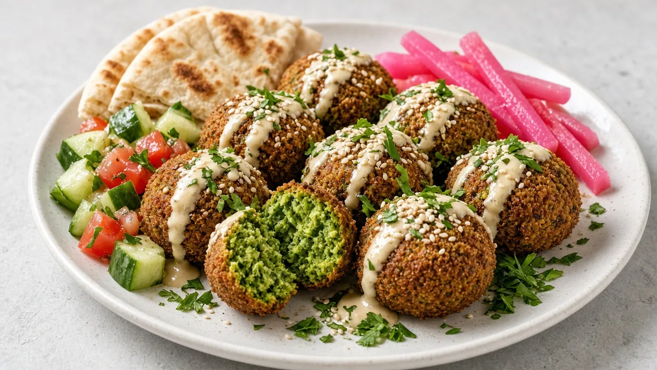 Golden falafel balls, one broken open to show a green herb interior, with tahini sauce and pickles
