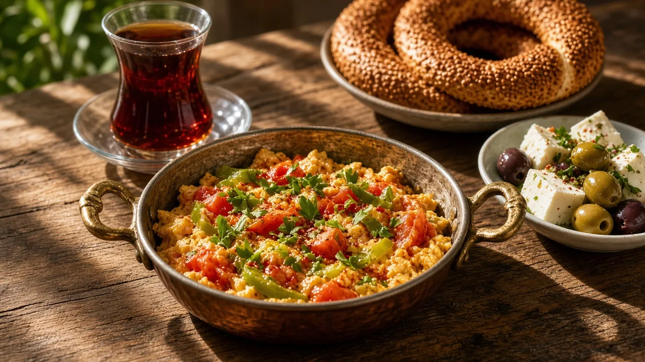 A copper pan of Turkish menemen with soft scrambled eggs, tomatoes, green peppers and chilli flakes