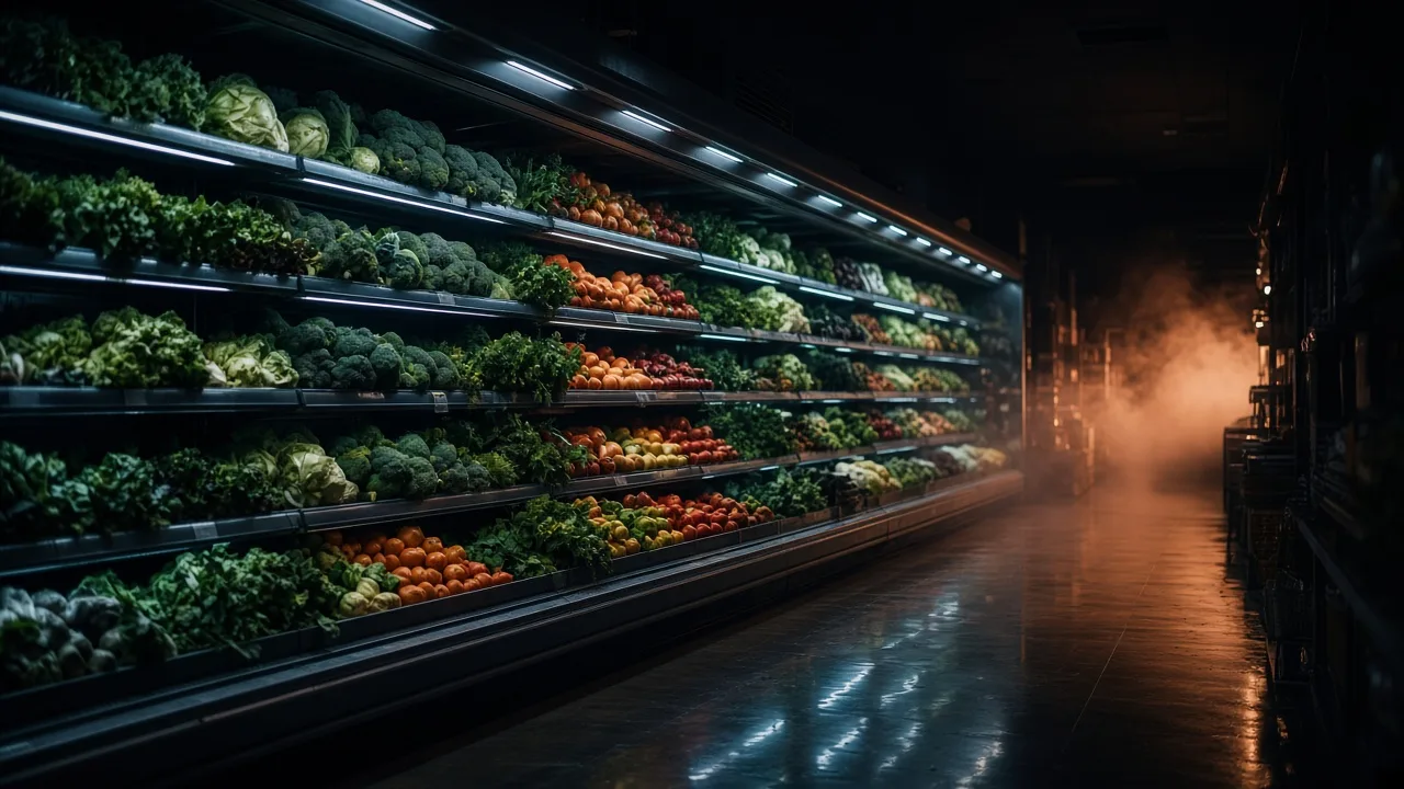 Supermarket refrigerated aisle with open-front chillers glowing in a dim store after closing time