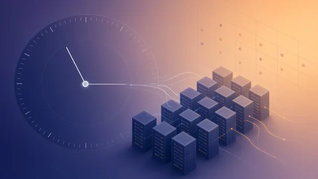 Editorial illustration of a large clock face overlaid with server racks and calendar grid lines