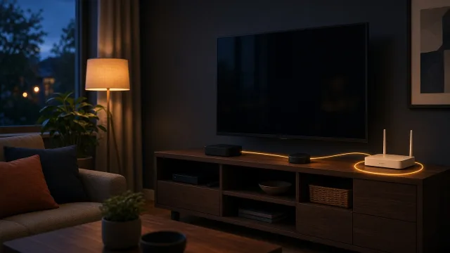 A living room shelf with a small streaming box and router glowing softly, with faint network lines connecting household gadgets