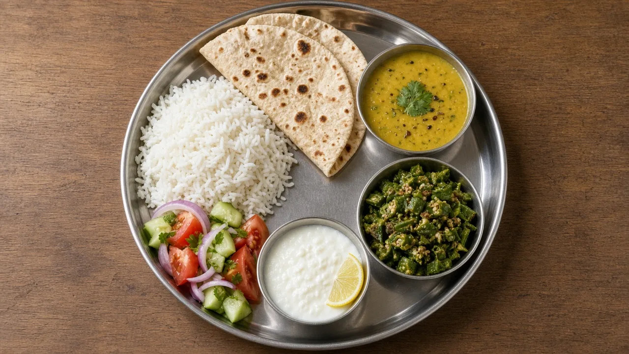 Overhead editorial photo of a steel thali with rice, roti, dal, sabzi, salad and a bowl of curd