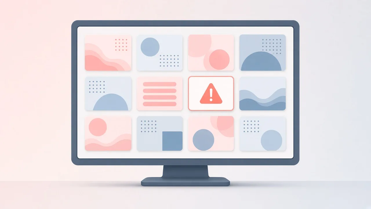 Editorial illustration of a friendly warning sign beside neatly organised response cards on a monitor