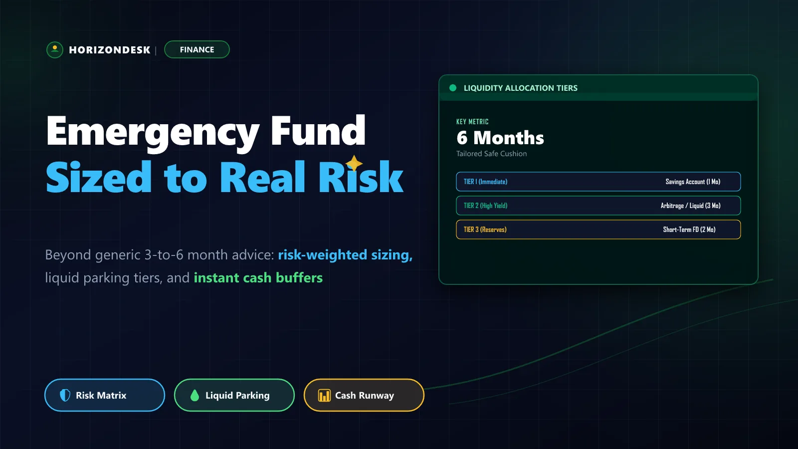Banner for emergency fund sizing showing risk-weighted liquidity tiers and safety net calculations