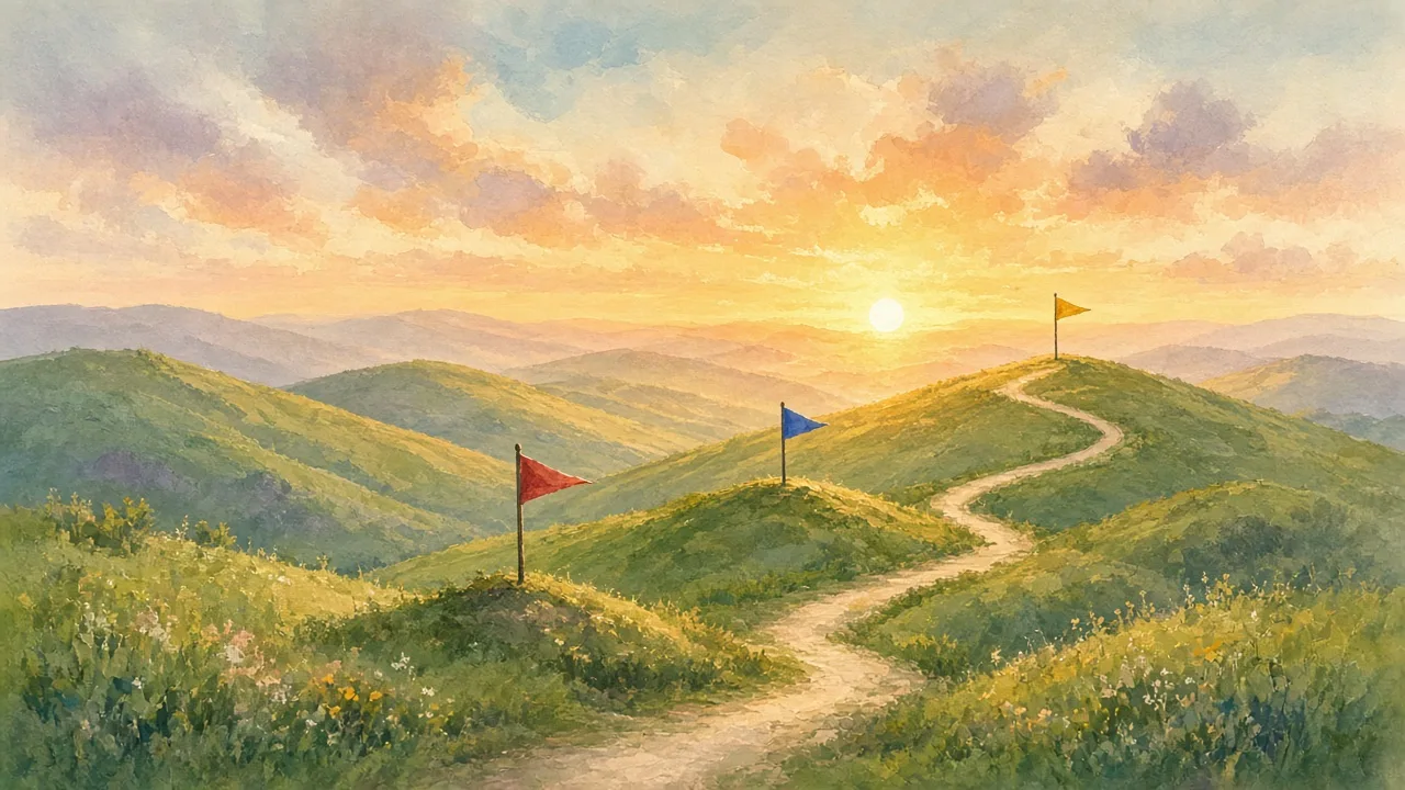 Editorial illustration of a winding path leading to three milestone flags on gentle hills