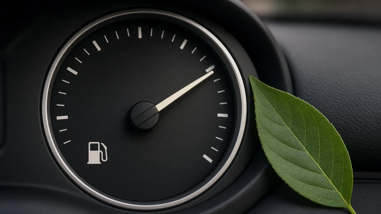 Editorial illustration of a car dashboard fuel gauge beside a green leaf on a sunny road