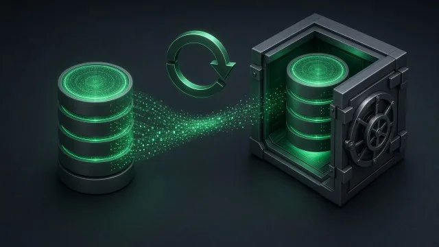 Editorial illustration of database cylinders being copied into a sturdy vault with a circular arrow