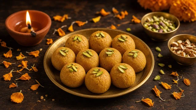 Golden besan ladoos topped with pistachios on a brass plate beside a lit diya and marigold petals