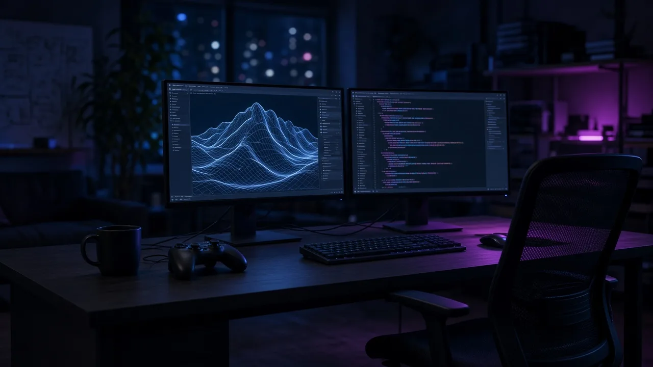 Dimly lit game studio desk with multiple monitors showing wireframe 3D environments and lines of code